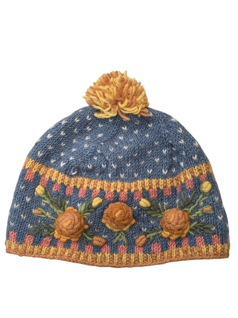 Lost Horizons Hand-Knit Wool Beanie With Floral Embroidery & Pom